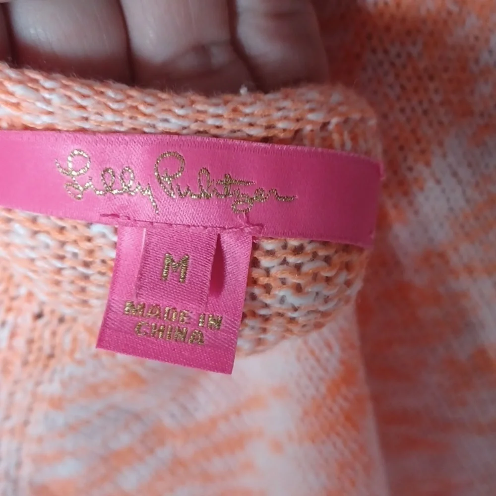 LILLY PULITZER JODY V-NECK SWEATER Orange/white, tassels, M, rolled hem